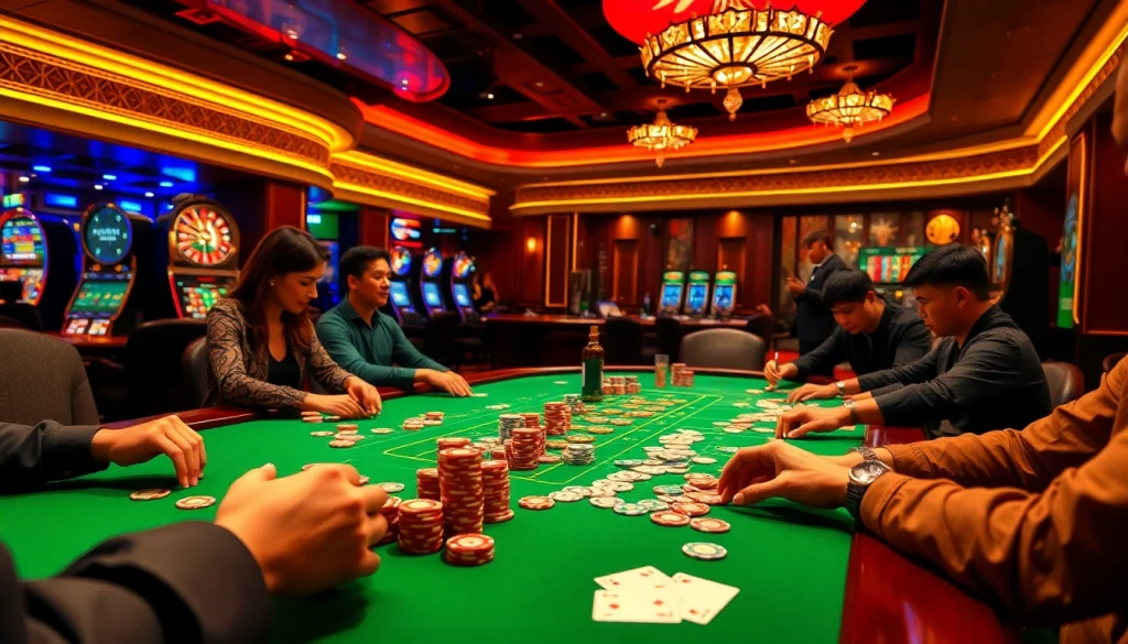Engage in thrilling poker gameplay at 68 game bài, featuring colorful chips and a luxurious casino setting.
