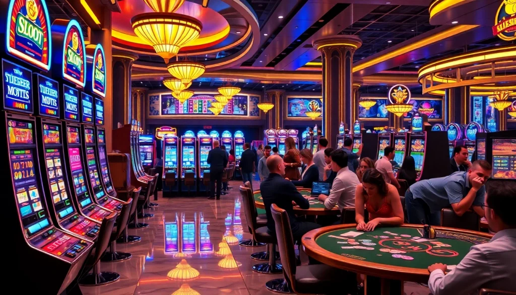 Rasakan sensasi Slot Depo 1K bersama pemain bersemangat yang berinteraksi di mesin slot kasino yang meriah.