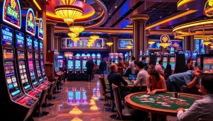 Rasakan sensasi Slot Depo 1K bersama pemain bersemangat yang berinteraksi di mesin slot kasino yang meriah.