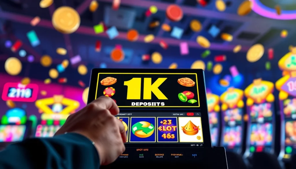 Permainan slot deposit 1k dengan antarmuka yang menarik dan berwarna-warni serta pengguna yang aktif berinteraksi.