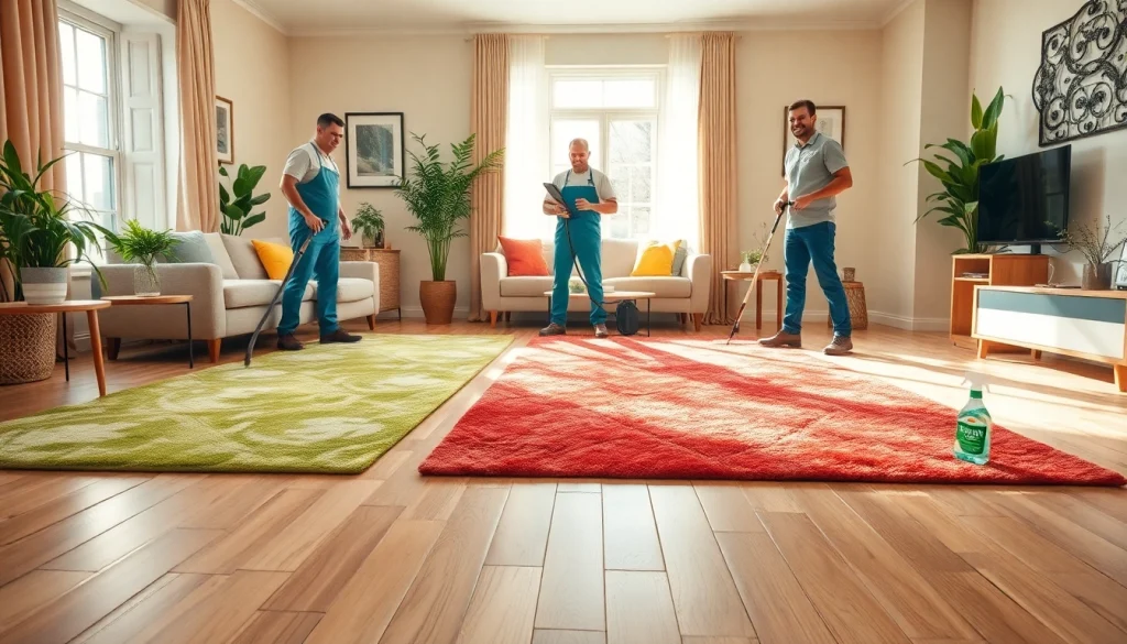 Promote carpet cleaning specials with professional cleaners transforming a cozy living space.