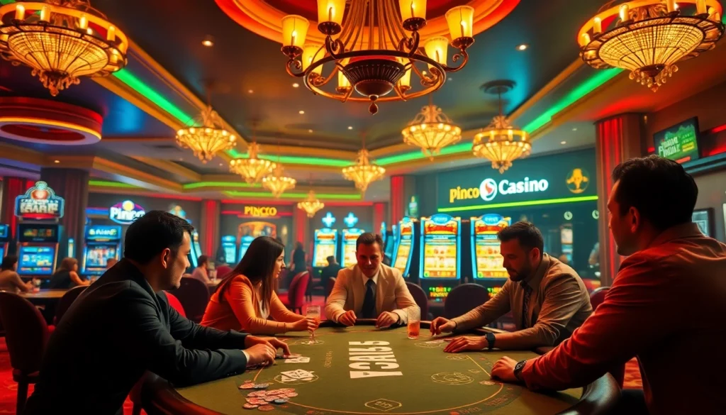 Pinco Casino'da lüks bir poker masası ətrafında iştirak edən oyunçuların aksiyası.