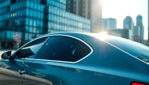 Explore auto window tint near me on a sleek car showcasing stylish urban reflections.