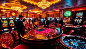 Engage with exciting games at https://789cluber.com/ in a luxurious casino setting featuring vibrant tables and slot machines.