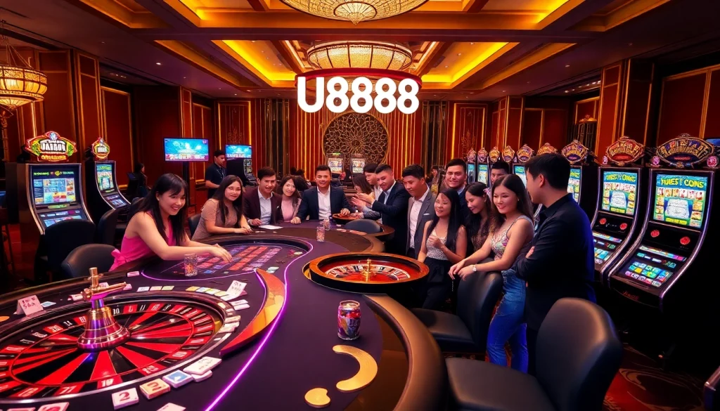 U888 players enjoying a vibrant online casino experience at elegantly designed gaming tables.