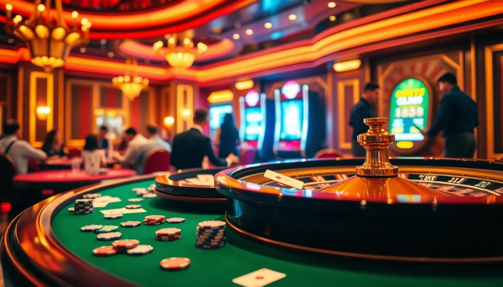 Vivez l'atmosphère palpitante du casino en ligne Français avec des joueurs pariant à une table de roulette.