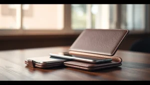 Handytasche Magnetverschluss mit elegantem Design und Smartphone in der Nähe auf einem Tisch.