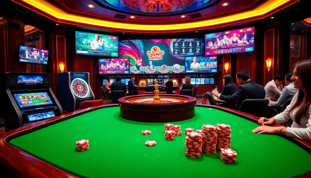 Découvrez l'excitation du casino en ligne Français avec des visuels de jeu vibrants et des joueurs engagés.