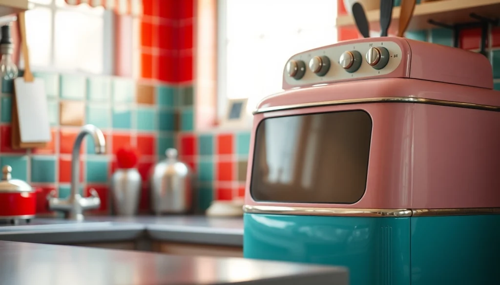 A cheerful retro appliance showcased in a cozy vintage kitchen setting.