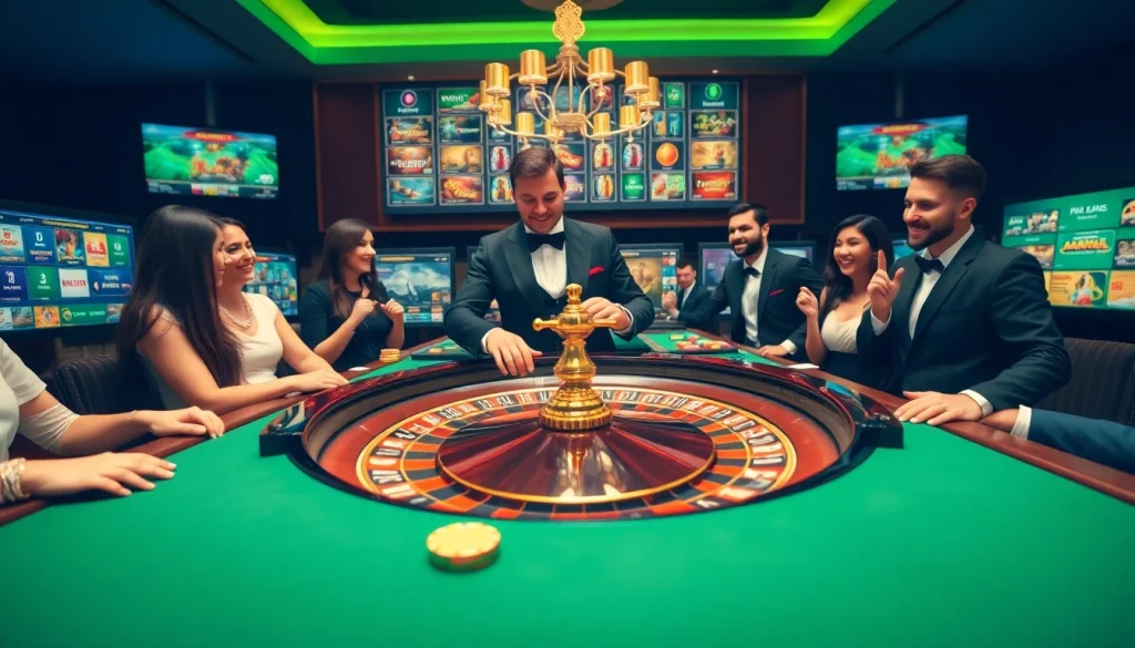 Vivez l'excitation du casino en ligne Français à une table de roulette luxueuse avec des joueurs profitant de leur jeu.