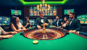 Vivez l'excitation du casino en ligne Français à une table de roulette luxueuse avec des joueurs profitant de leur jeu.