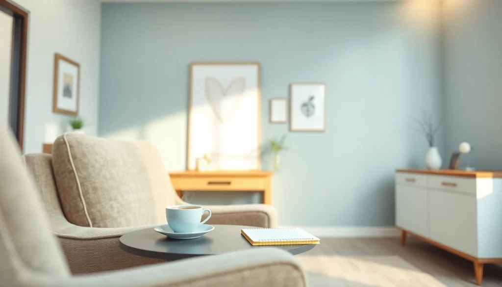 Anxiety symptoms visualized in a calming therapist's office, emphasizing comfort and support.