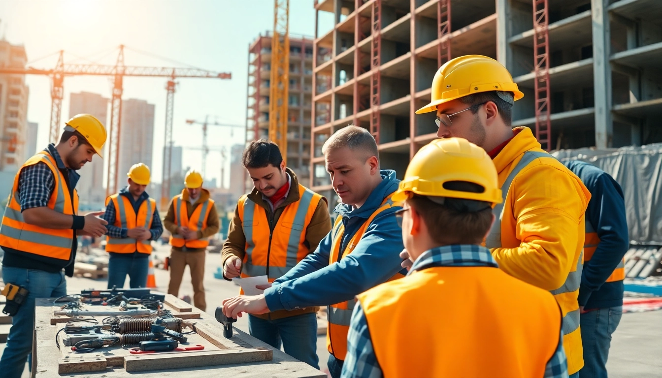 Engaged construction apprenticeship training session at a bustling urban site, showcasing hands-on skill development.