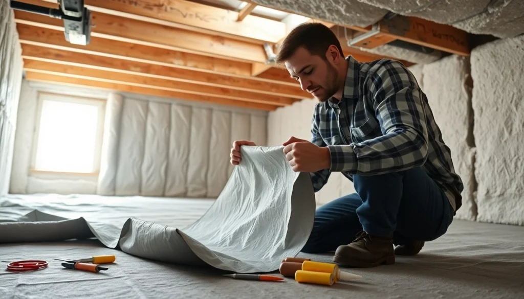 Contractor performing vapor barrier installation in a well-lit crawl space.