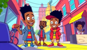 A vibrant scene from African American cartoons featuring characters like Huey and Riley Freeman to celebrate diversity in animation.