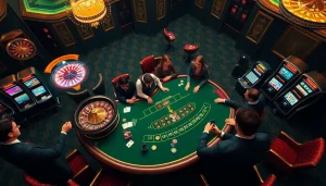 Découvrez l'excitation du casino en ligne Français avec des joueurs engagés à une table de poker luxueuse.