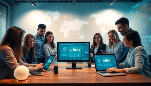 快连VPN在一个充满活力的工作区中展示，多个设备实现全球安全连接。