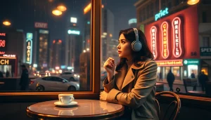 Image to prompt generator showcasing a woman in a vintage café setting, immersed in urban ambiance.