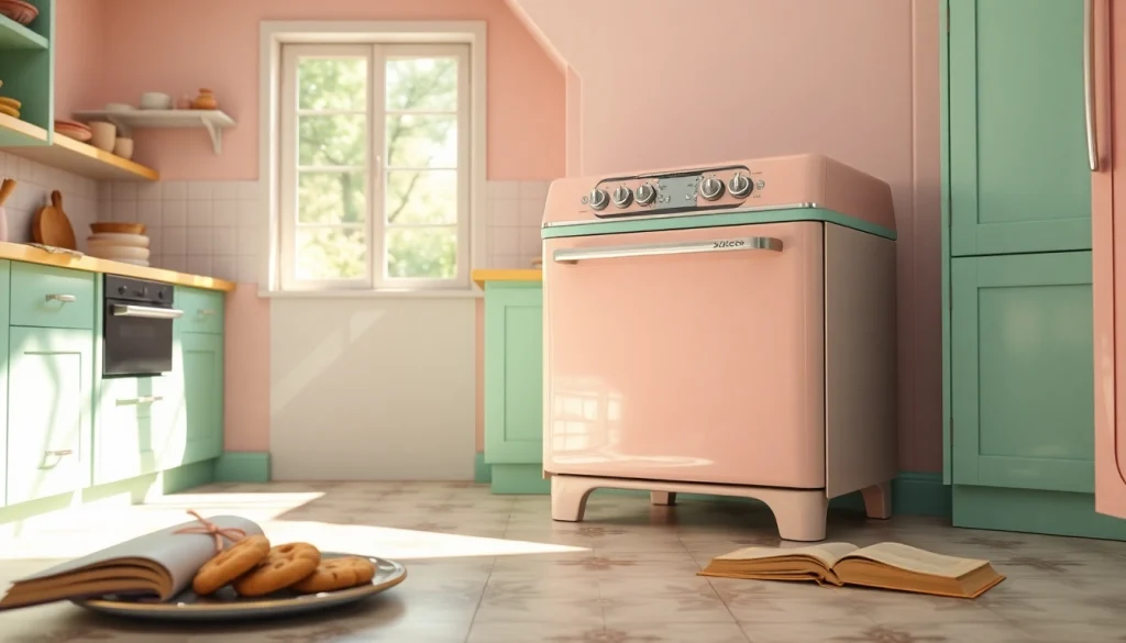 Retro Oven beautifully styled in a bright kitchen with charming baking details.