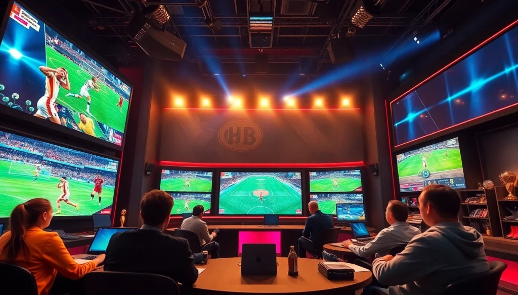 Experience 토토스토리 in a vibrant sports broadcast studio, highlighting live commentary and high-energy atmosphere.