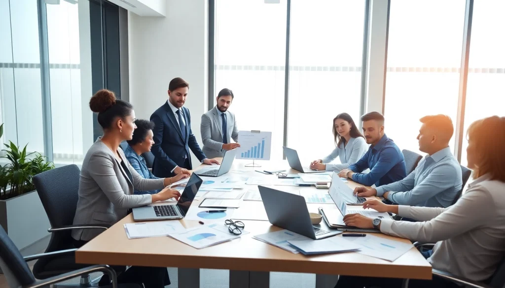 Usługi księgowe w profesjonalnym biurze z pracownikami oceniającymi dokumenty finansowe.