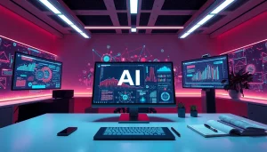 Wizualizuj generatywna AI w nowoczesnym biurze z zaawansowanym interfejsem komputerowym.