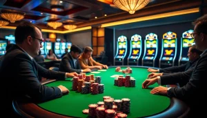 Scène captivante du casino en ligne Français avec des joueurs à une table de jeu, illustrant l'excitation et la stratégie.
