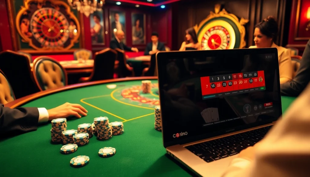 Participez à un gameplay captivant dans un casino en ligne français avec des jetons de poker et une roue de roulette.