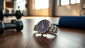 Showcasing the Finesse Smart Watch on a wooden surface with fitness gear, emphasizing its sleek design.