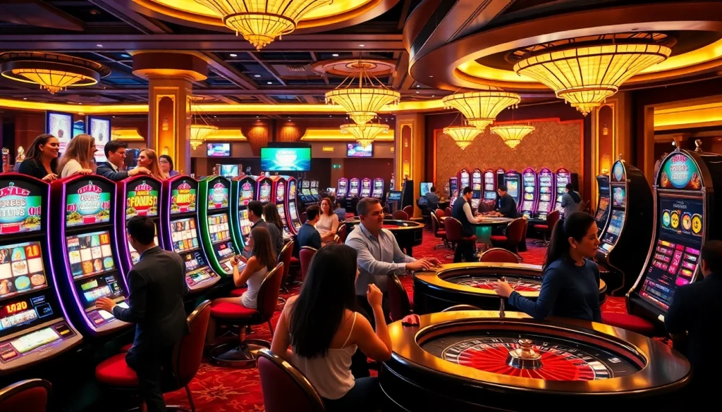Excited players spinning slot gacor machines in a luxurious casino environment.