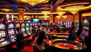 Excited players spinning slot gacor machines in a luxurious casino environment.