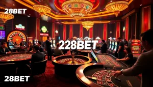 Experience the excitement of 28BET with players celebrating wins at a luxurious casino.