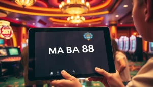 Pemain berinteraksi dengan platform online MABAR88 di tengah suasana kasino yang hidup.