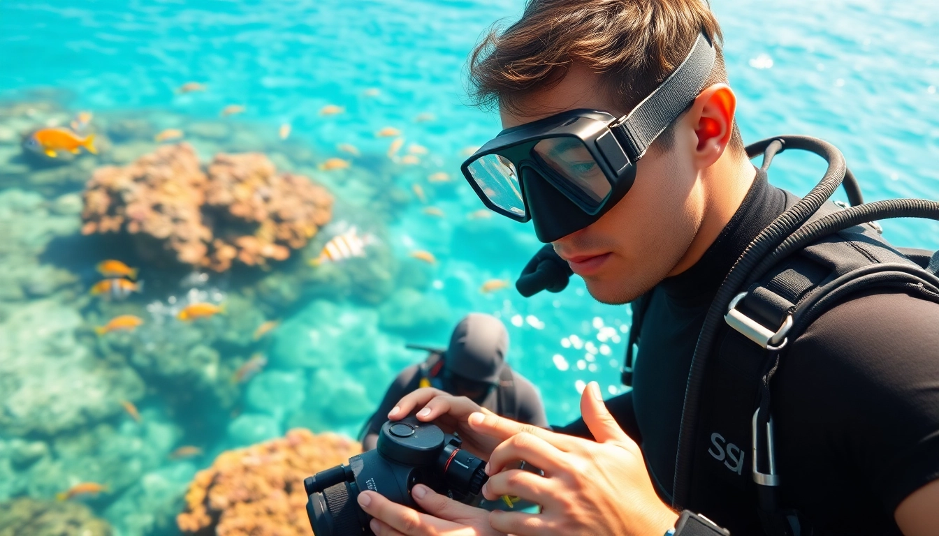 Teilnehmer am SSI Open Water Diver Kurs überprüft Tauchausrüstung vor dem bunten Korallenriff.